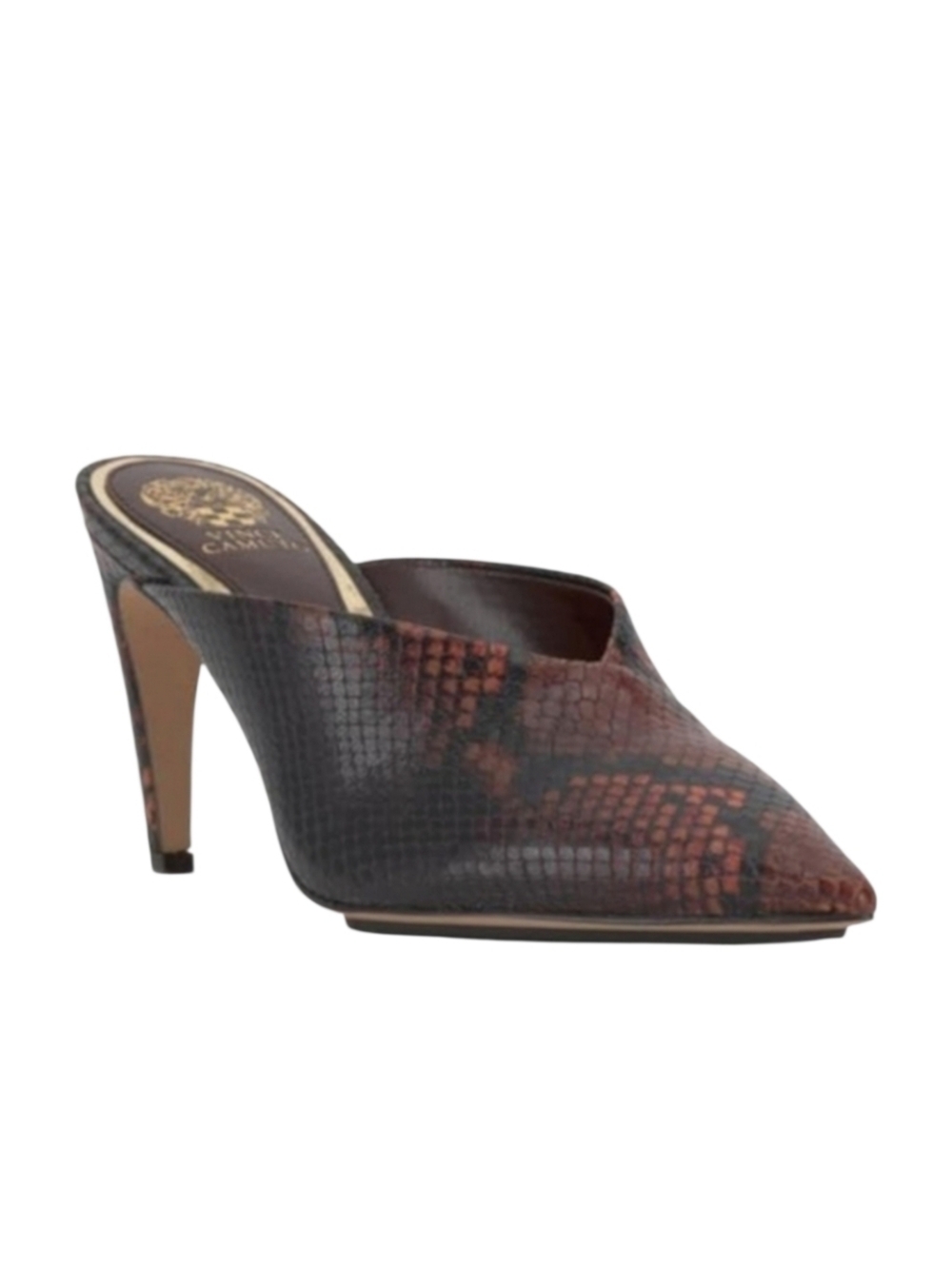 Vince Camuto Bridget Brown Black Snakeskin Embossed Leather Mule Heels 5